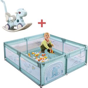 Baby Speelbox - Grondbox - Inclusief 60x Speelballen - Blauw Hobbelpaard met armleuningen - Kruipbox met opbergtas - Kinderbox - Playpen -180 x 150 x 65cm - Groente