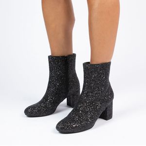 Manfield - Dames - Zwarte glitter enkellaarsjes met hak - Maat 39