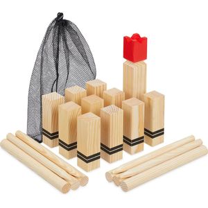 Relaxdays kubb spel - hout - 21 blokken - kinderen - volwassenen - strand - park - tuin - met netje