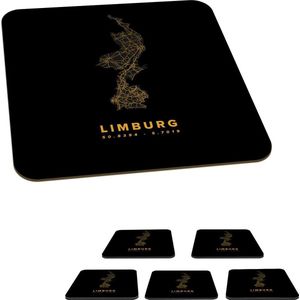 Onderzetters voor glazen - Limburg - Wegenkaart - Black and gold - 10x10 cm - Glasonderzetters - 6 stuks
