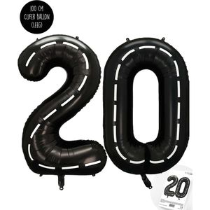 Cijfer Helium Folie Ballon XXL - 20 jaar cijfer - Zwart - Wit - Race Thema - Formule1 - 100 cm - Snoes