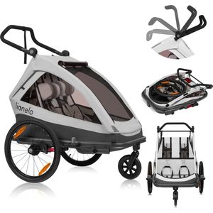 Lionelo Cama 2in1 - Fietsaanhanger en Wandelwagen voor 2 persoons - Zwart - All-Terrain fietskar - Hardloopkinderwagen - Verstelbare Vering - Waterafstotend - Inclusief Accessoires - Opvouwbaar - Tot 2x22kg of 6 jaar - Voor E-Bikes en Normale Fietsen