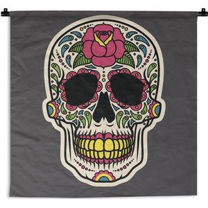 Wandkleed Schedel illustratie 2 - Een kleurrijke illustratie van een Dias De Los Muertos schedel Wandkleed katoen 150x150 cm - Wandtapijt met foto