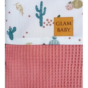 Wiegdeken 75 x 100 cm - Oud Roze met Cactus Print - 100% Katoen - Glam Baby - Wafelkatoen