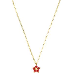 Lucardi Dames Stalen goldplated ketting bloem zirkonia rood - Ketting - Staal - Goudkleurig - 47 cm