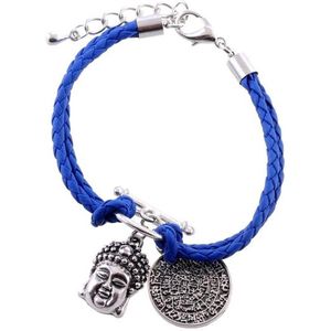 Behave Gevlochten pu lederen armband 18cm lengte met bedels (buddha)-(symbolische munt) 20mm dikte