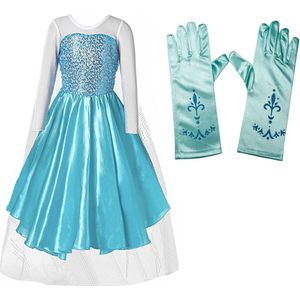 Elsa jurk - blauwe prinsessenjurk meisje - carnavalskleding kinderen - Het Betere Merk - prinsessen verkleedkleding - 98/104 (110) - prinsessen handschoenen