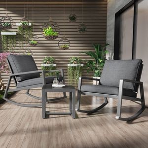 Sweiko 3-delige schommelstoel tafel set, binnenplaats tuinmeubilair, veranda stoel dialoog set, schommelstoel met 2 dikke kussens en glazen salontafel, gebruikt in achtertuin, veranda, zwembad