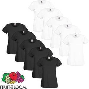 Fruit of the Loom 10 Dames T-shirt ronde hals katoen zwart/wit XL