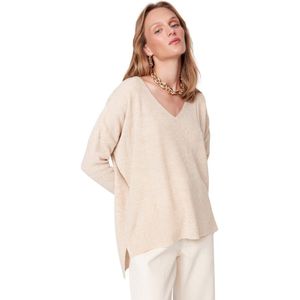 Trendyol Beige Gebreide Trui Met Wijde Pasvorm En V-Hals Twoaw23Kz01537