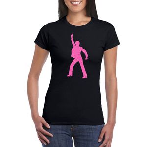 Bellatio Decorations Verkleed T-shirt dames - disco - zwart - roze glitter - jaren 70/80 - carnaval XXL