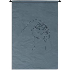Wandkleed Line-art Vrouwengezicht - 4 - Line-art illustratie bovenkant vrouwengezicht op een grijze achtergrond Wandkleed katoen 60x90 cm - Wandtapijt met foto