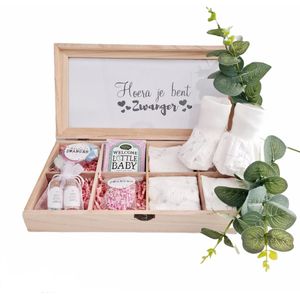 Hoera Zwanger geschenkset unisex - cadeau voor aankomende mamma - zwangerschap verwen pakket - baby moeder cadeau - baby geschenk set kleding unisex - 8 in 1 cadeau