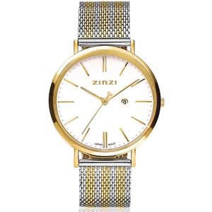 ZINZI Retro horloge witte wijzerplaat en geelgoudkleurige stalen kast stalen mesh band bicolor 38mm extra dun ZIW407MB