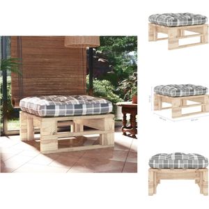 vidaXL Tuinvoetenbank - Pallet - Grenenhout - 60x60x25 cm - Grijs geruit kussen - Tuinbank