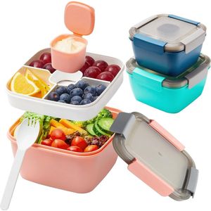 3 stuks bento box lunch containers, lekvrije broodtrommel, slacontainer met 3 vakken, bestek, broodtrommel voor kinderen en volwassenen, broodtrommel voor magnetrons en vaatwassers, 1500 ml, herbruikbaar