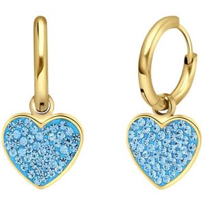 Lucardi Dames Stalen goldplated oorringen hart met kristal aqua - Oorbellen - Staal - Goudkleurig