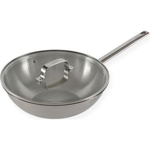 ELLE Gourmet Moderne Wokpan met Deksel - Ø 28 cm - PFAS vrije RVS Hapjespan inductie - Geschikt voor alle warmtebronnen