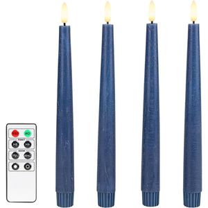 4 vlamloze LED Taper Kaarsen met Timer - Rustieke Metallic Diner Kandelaars - Donkerblauw