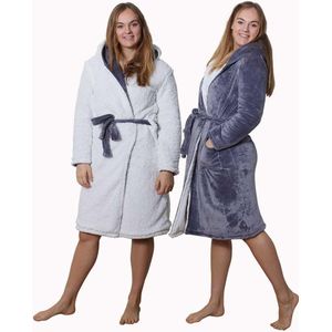 2 kanten draagbare badjas met teddy voering - grijs - capuchon - unisex model Xl/XXL - reversible badjas fleece