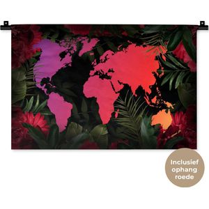 Wandkleed WereldkaartenKerst illustraties - Roze en paarse wereldkaart versierd met tropische bladeren en roze bloemen Wandkleed katoen 60x40 cm - Wandtapijt met foto