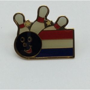 Bowling Bowlingsieraad speldjes 'Bowlingpins met Ned. vlag' opsteek broche messing geëmailleerd