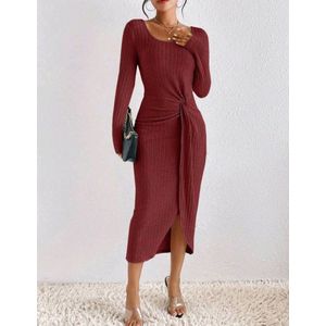Sexy elegante corrigerende twist taille rood bordeaux geplisseerde stretch trui jurk met split maat M