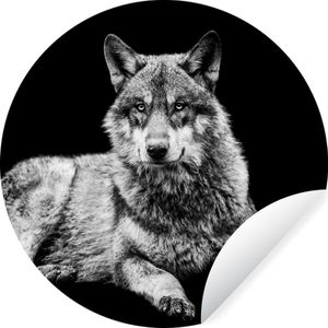 Behangcirkel - Wilde dieren - Wolf - Zwart - Wit - Zelfklevend behang - ⌀ 120 cm - Behangcirkel zelfklevend - Behang rond - Cirkel behang