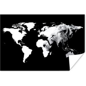 Wanddecoratie - Wereldkaart - Zwart - Wit - Leeuw - 60x40 cm - Poster