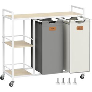 FurnStar - Wasmand 2 vakken - wasverzamelaar 100 l - wassorteerder - rollen - waswagen met planken - waszak - met afneembare vakken - 6 etiketten - kastanjebruin-inktzwart-87 x 33 x 80,5 cm - natuurbeige + duifgrijs + crèmewit