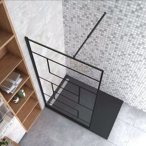 Inloopdouche 80x200cm met zwart decor,8mm Nano EasyClean veiligheidsglas + 70-120cm Stabilisatiestang