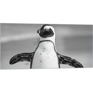 WallClassics - Vlag - Pingiun met Gespreide Armen (Zwart, wit) - 100x50 cm Foto op Polyester Vlag