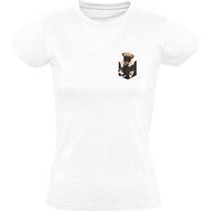 Hond in borstzakje Dames t-shirt| schattig| hondje| klein| kapotte zak | puppy| pup | klein ontwerp | dier | lief |