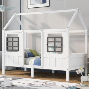 Sweiko Huisbed, Eenpersoonsbed, Kinderbed met 2-ramen, frame van dennen, MDF, Wit (90x200cm)