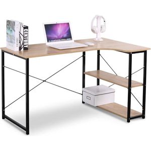 Hanimo Hoekbureau - L-vormig bureau met rek - gametafel - L-vormig werkstation - Computertafel - 120 x 74 x 71,5 cm - licht eiken met zwart