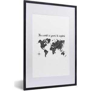 Fotolijst incl. Poster - Wereldkaart - Quotes - Zwart - Wit - 40x60 cm - Posterlijst