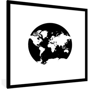 Fotolijst incl. Poster Zwart Wit- Wereldkaart - Cirkel - Zwart Wit - 40x40 cm - Posterlijst