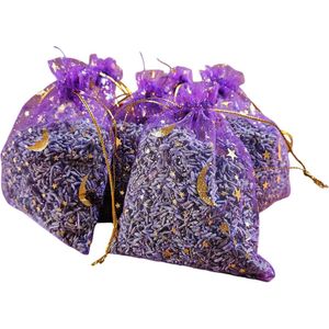Lavendel geurzakjes met biologische lavendel uit de Provence – 6 stuks à 17 gram maan en sterren paars - bedankje - cadeau - geurzakje kledingkast