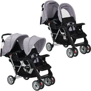 The Living Store Kinderwagen Dubbel - Grijs/Zwart - 122.5 x 53.5 x 111 cm - Duurzaam en veelzijdig