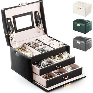 SHOP YOLO-Sieradendoos-Sieradenkoffer PU-leer Elegant Draagbaar Sieraden Organizer met Spiegel en Slot- (Zwart)