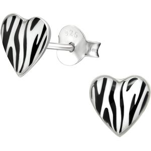 Joy|S - Zilveren hartje oorbellen - zebraprint - 7 mm - zebra oorknoppen