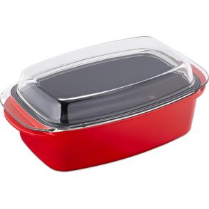 Relaxdays braadslede met deksel - ovenschaal - gegoten aluminium & glas - braadpan - rood