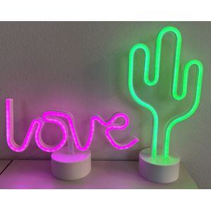 LED love en cactus met neonlicht - Set van 2 stuks - roze en groen neon licht - hoogte 28.5 x 16 x 8.5 cm / 29.5 x 20 x 8.5 cm - Werkt op batterijen en USB - Tafellamp - Nachtlamp - Decoratieve verlichting - Woonaccessoires