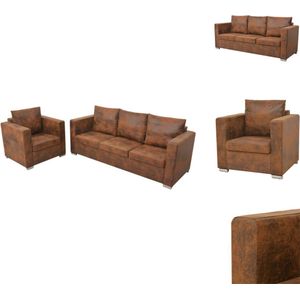 vidaXL Bankstel - Bruin - Houten frame - Kunstsuède bekleding - Vintage suède-look - 3-zitsbank en fauteuil - Bank