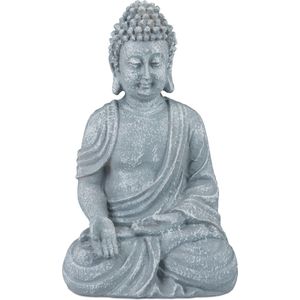 Relaxdays boeddhabeeld - 18 cm hoog - klein beeld boeddha - vochtbestendig - kunststeen - Lichtgrijs