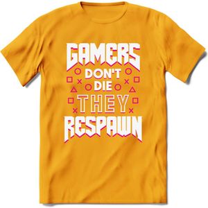Gamers don't die T-shirt | Roze | Gaming kleding | Grappig game verjaardag cadeau shirt Heren – Dames – Unisex | - Geel - XL