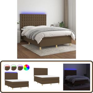 vidaXL Boxspring met LED - Donkerbruin - 140x200 cm Boxspring - Bed Donkere Bruine - Led Lampje - Pocketed Veren Matras - Slaapcomfort