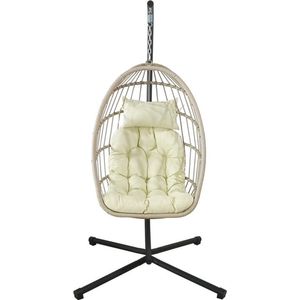 Inklapbare Hangstoel Egg Chair - Crème, Zwart & Beige Kussens - PolyRattan & IJzer