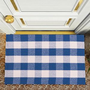 Badmat - Mat voor in de Badkamer Katoenen Licht Kobaltblauw en Wit Geruit Antislip Zacht Tapijt - Machine Wasbaar - Vloermat voor Badkamer Slaapkamer Woonkamer - 109 x 70 cm