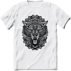 Wolf - Dieren Mandala T-Shirt | Grijs | Grappig Verjaardag Zentangle Dierenkop Cadeau Shirt | Dames - Heren - Unisex | Wildlife Tshirt Kleding Kado | - Wit - 3XL